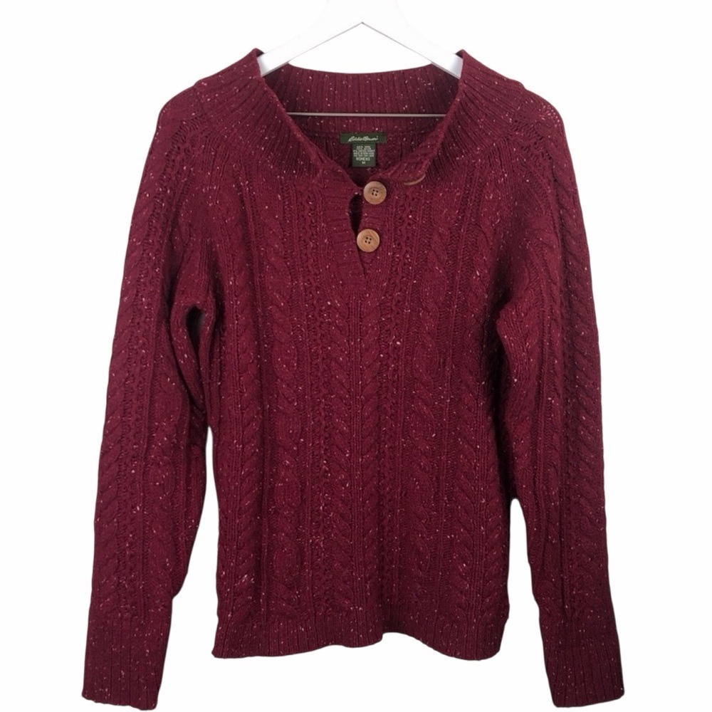 Eddie Bauer Burgundy Cable Knit Wool Blend Sweater Wooden Button Pullover